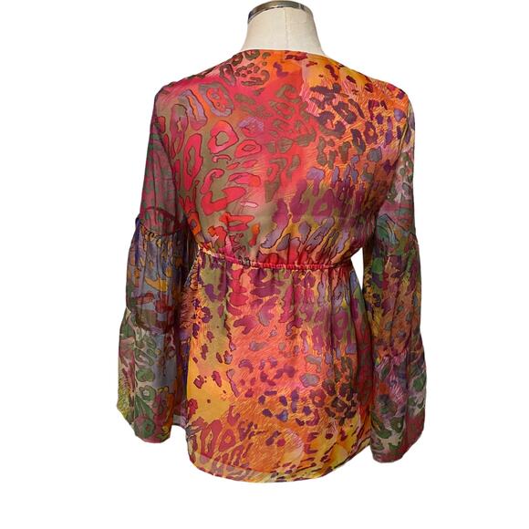 Boston Proper Beaded Long Sleeve Boho Blouse in Multicolor Leopard Print Small - Picture 3 of 9